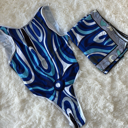 Floral Print One Piece with Scarf